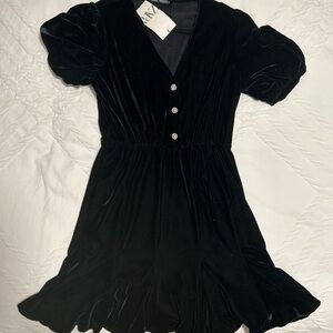 Zara Black Velvet Puff Sleeve V-Neck Dress NWT